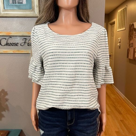 Green Envelope Tops - Ivory sage striped flutter sleeve top